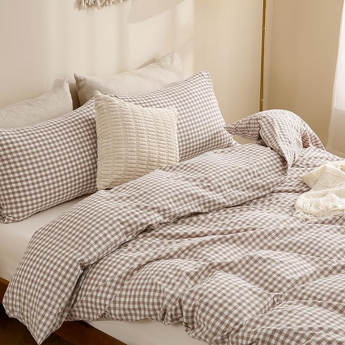 TOCOMOA Tan Gingham Duvet Cover Bedding Set 100% Washed Cotton Like Linen Feel Super Soft Comfy 3 Piece Brown Plaid Checkered Comforter Cover Set (Oversized King 120"x98", Comforter Not Included)