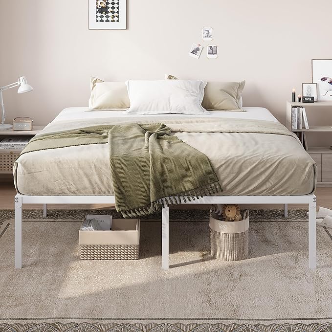 Allewie King Size Bed Frame, 18 Inch Metal Platform Beds with Storage Space, No Box Spring Needed and Easy Assembly, White