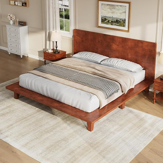 Mid-Century Full Size Wooden Bed Frames, Pine Wood Japanese Low Platform Bed with Brown Headboard, 7 inch Low Under Bed Storage, 800 lbs Capacity, No Box Springs Required (Brown, Full, 35.4" H)