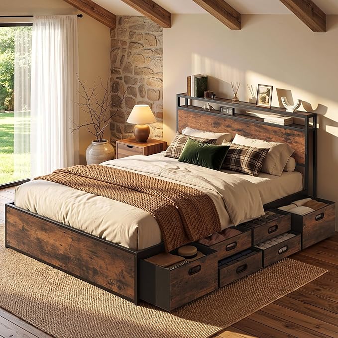 LIKIMIO Queen Bed Frame with 12 Fabric Storage Drawers, Industrial Platform Bed Frame with Headboard, No Box Spring Needed, Sturdy Metal Slat Support, Rustic Brown, Noise-Free, Easy Assembly