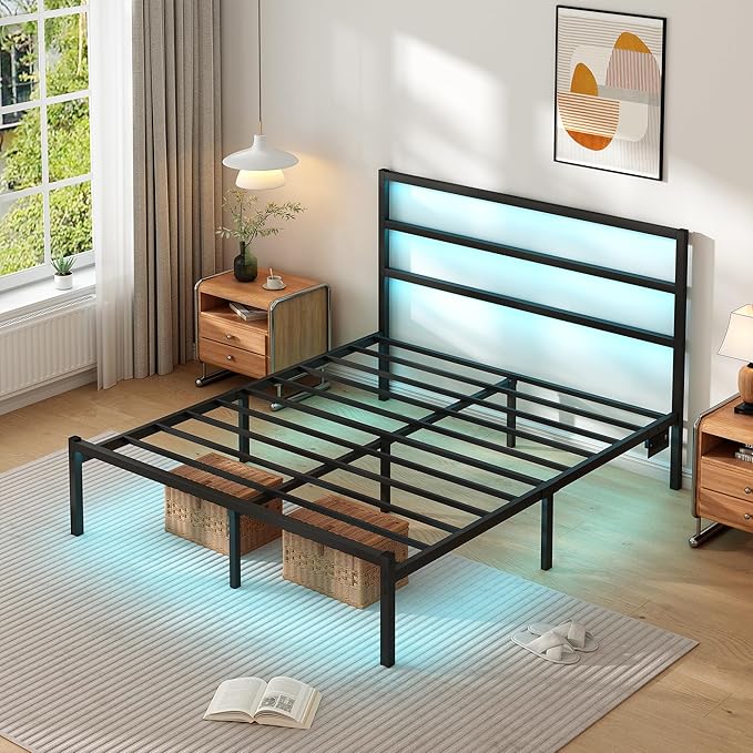 CLIBFENG Full Size Bed Frame with Headboard,Heavy Duty Steel Slats Support-LED Bed Frame with USB Charging Station,Mattress Foundation-Under Bed Storage,No Box Spring Needed,Noise Free，Black