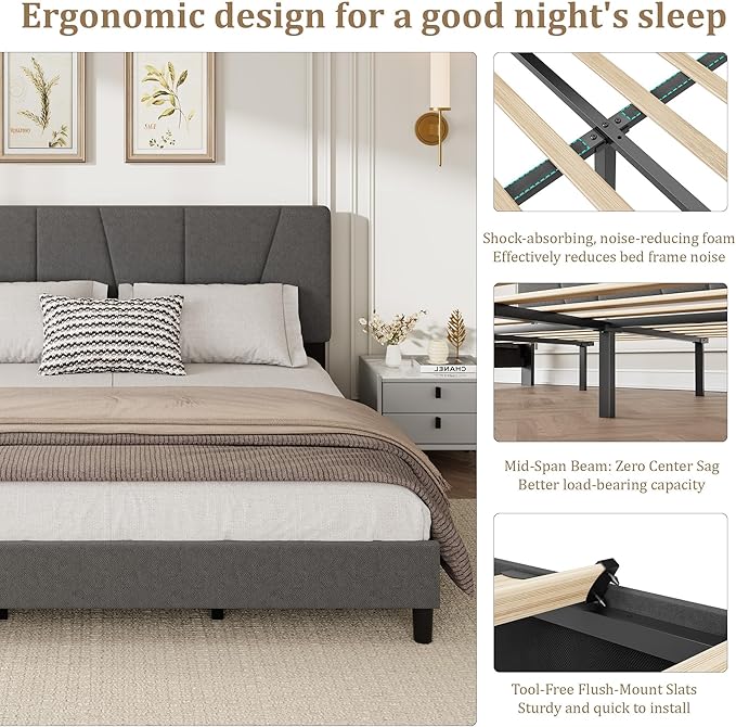 King Size Upholstered Platform Bed Frame with Adjustable Headboard, Fits 8-14 Inch Mattress, Heavy Duty Bed Frame with Wooden Slats Support, Noise-Free, Non-slip, No Box Spring Needed, Easy Assembly