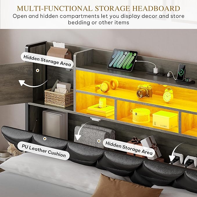 DWVO Queen Size Bed Frame with RGB LED Lights & Storage Bookcase Headboard, Upholstered Bed with Charging Station and 4 Drawers, No Box Spring Needed, Easy Assembly, Noise-Free, PU Leather Black