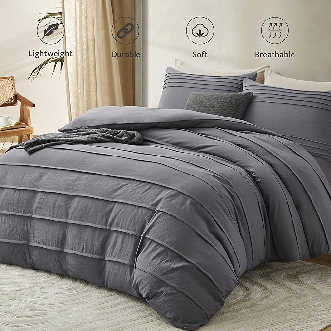 Oli Anderson Grey Duvet Cover King Size - Pleated King Duvet Cover, 3PCS Soft and Breathable Textured Bedding Set with Zipper Closure(Grey,104"x90")