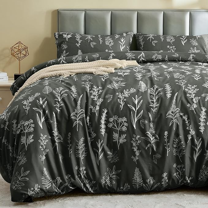MUXHOMO Duvet Cover King Size, Reversible Floral Dark Grey Duvet Cover Set with Zipper Closure, 3 Pieces Botanical Patterns Soft Microfiber Bedding Set (90"x104", 2 Pillow Cases 20"×36")