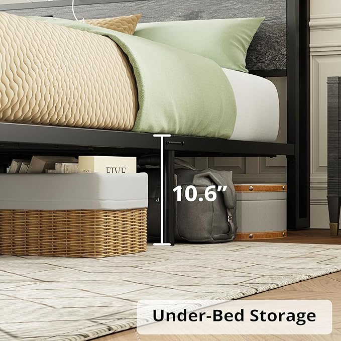 LIKIMIO California King Bed Frame with Storage Headboard, Platform Bed with Drawers and Charging Station, No Box Spring Needed, Easy Assembly, Charcoal Grey