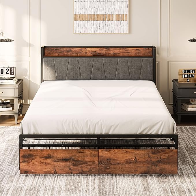 LIKIMIO Queen Bed Frame, Storage Headboard with Charging Station, Platform Bed with Drawers, No Box Spring Needed, Easy Assembly, Vintage Brown and Gray
