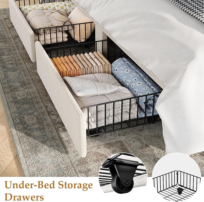 IDEALHOUSE King Bed Frame with Wingback Headboard, Velvet Upholstered Platform Bed with 2 Storage Drawers, Vertical Tufted Headboard Design, Wooden Slats Support, No Box Spring Needed, White