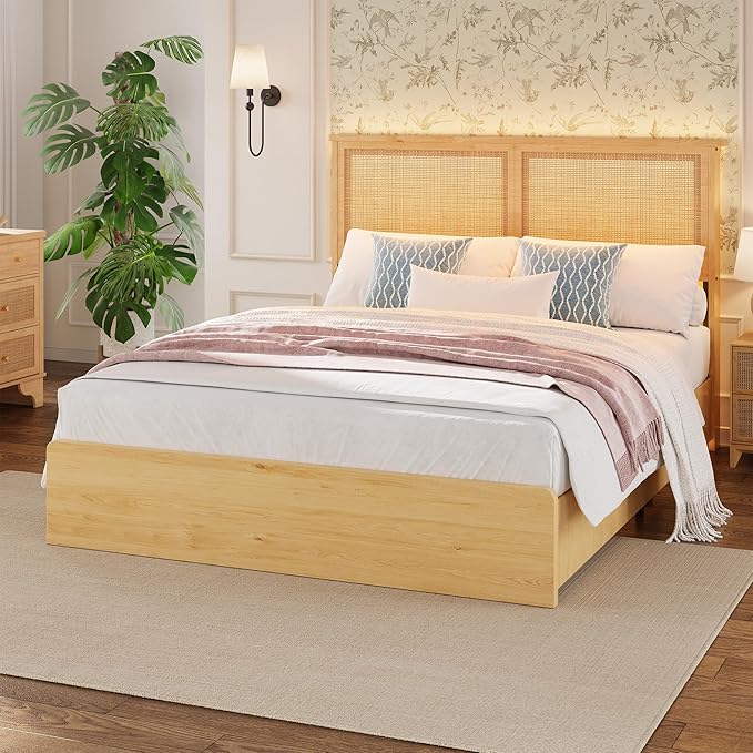 GAOMON Full Size Rattan Bed Frame with 4 Storage Drawer, Boho Style Rattan Bed with LED Light & Natural Headboard, Sturdy Wooden Slats Support, No Box Spring Needed