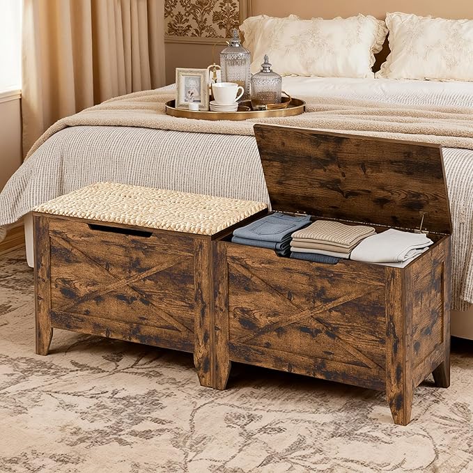 VECELO 30" Storage Chest with Lift Top Storage, Farmhouse Style Ottoman with Handwoven Wicker Cushion, Safety Hinges, Ideal for Entryway, Bedroom, Living Room, Walnut Brown