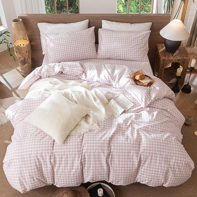 MooMee Gingham Duvet Cover Set 100% Washed Cotton Linen Like Textured Breathable Durable Soft Comfy Modern Checkered Design (Classic Gingham Greyish Pink, Oversized Full 82"x86")