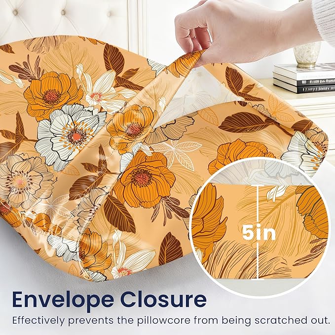 EXQ Home Satin Pillowcase for Hair and Skin King - Printed Autumn Flowers Silk Pillowcase 2 Pack 20x40 inches - Satin Pillow Cases Set of 2 with Envelope Closure, Gifts for Women Men