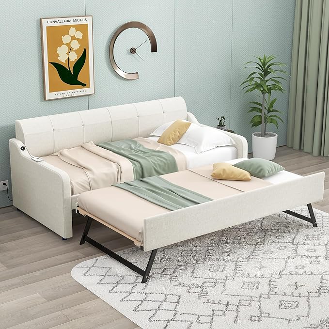 Daybed with Trundle and USB Charging Design, Twin Size Upholstery Day Bed Frame, Trundle can be Flat or erected,Beige