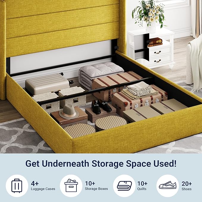 Allewie Queen Size Lift Up Storage Bed, Modern Wingback Headboard, Hydraulic Support, No Box Spring Needed, Olive Yellow