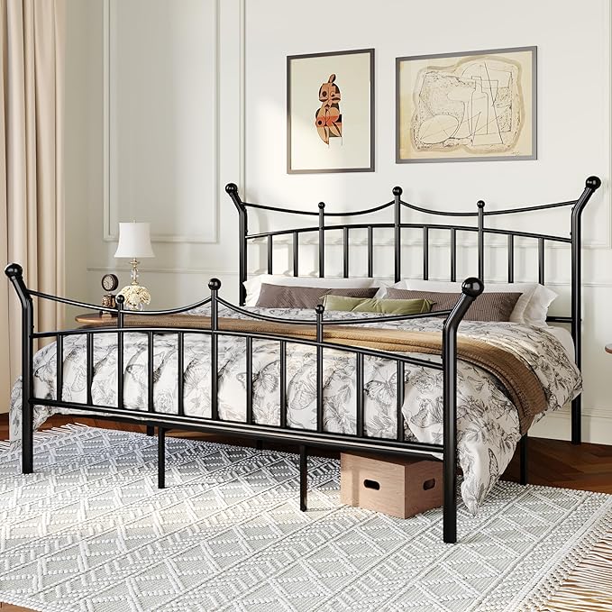 Allewie 14 Inches King Size Metal Platform Bed Frame with Elegant Crown Headboard & Footboard, Sturdy Mattress Foundation with Under-Bed Storage, Easy Assembly, No Box Spring Needed, Black