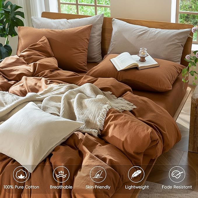 MooMee Bedding Duvet Cover Set 100% Washed Cotton Linen Like Textured Breathable Durable Soft Comfy (Solid Dark Orange, Queen 90"x90")