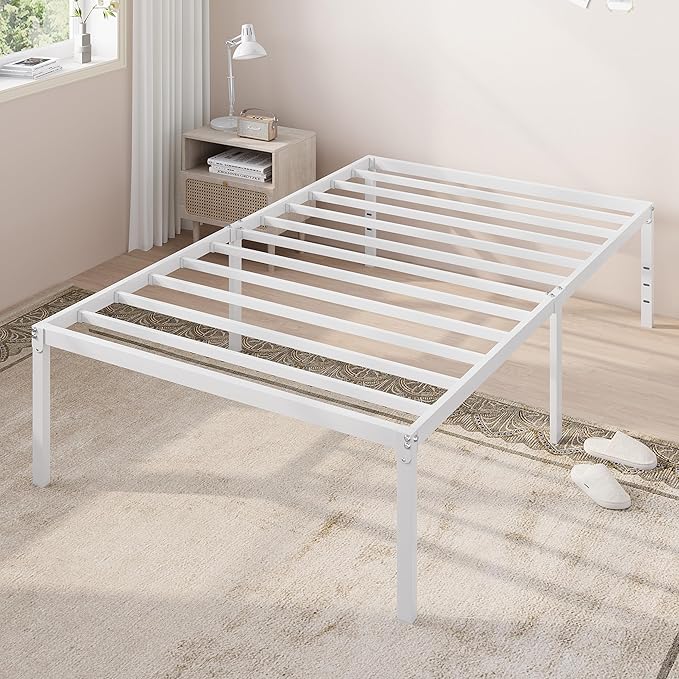 Allewie Twin Bed Frame, 18 Inch Metal Platform Beds with Storage Space, No Box Spring Needed and Easy Assembly, White