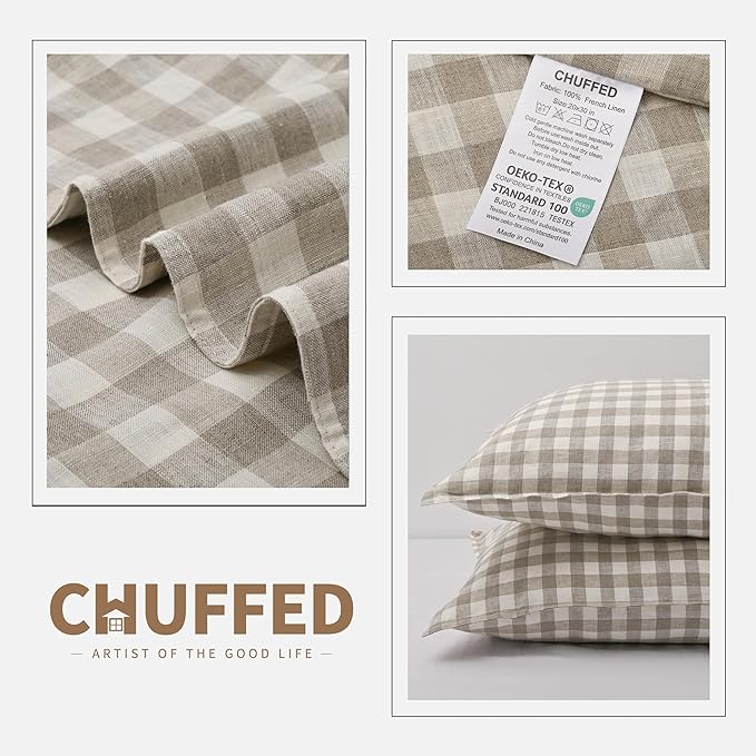 CHUFFED 100% French Linen Pillow Cases Standrad Size Set of 2, Stone Washed Flax Pillow Shams with Zipper Closure - Breathable & Cooling for Hot Sleepers,20x26 Inches,Linen Plaid