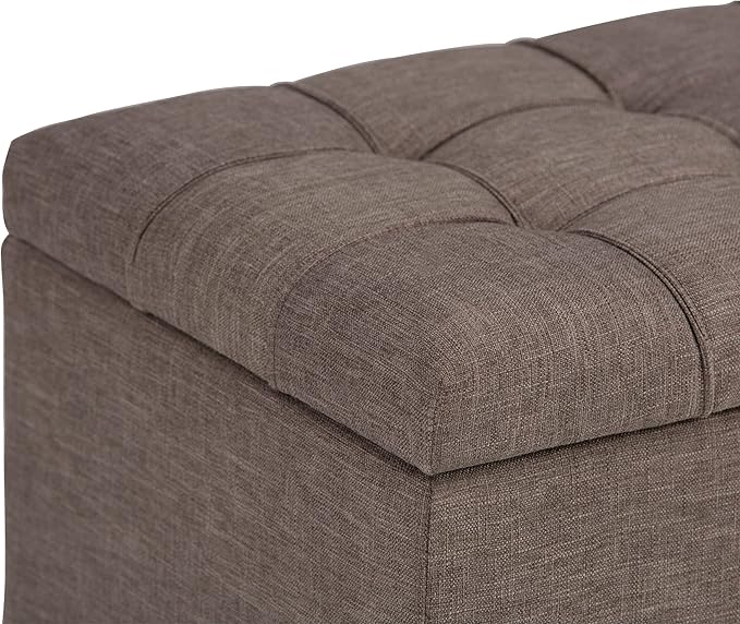 SIMPLIHOME Sienna Storage Ottoman Bench - 33 inch Wide Upholstered Linen Look Fabric Rectangle Storage Ottoman Bench in Tanners Brown, Transitional Tufted Ottoman for Living Room with Lift Top