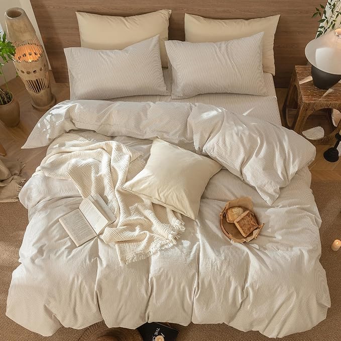 MooMee Striped Duvet Cover Set 100% Washed Cotton Linen Like Textured Breathable Durable Soft Comfy (Tannish Linen Grey White Pinstripes, Alaska King 132"x120")