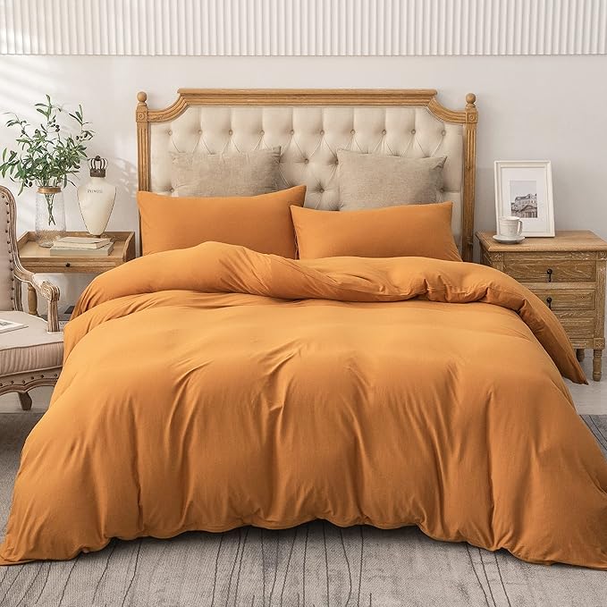 PURE ERA Jersey Knit Duvet Cover Set 100% T-Shirt Cotton Super Soft Comfy 3pc Bedding Set with Zipper Closure (Solid Burnt Orange, Full)