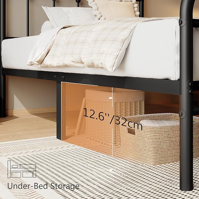 zunatu Twin Size Metal Platform Bed Frame/Victorian Style Headboard and Footboard/Steel Slat Support/Easy Assembly/No Box Spring Needed/Underbed Storage/Noise Free/Black