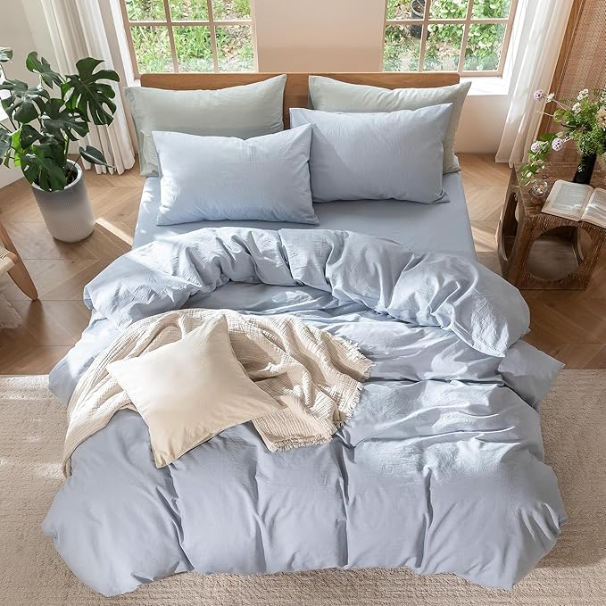 MooMee Bedding Duvet Cover Set 100% Washed Cotton Linen Like Textured Breathable Durable Soft Comfy (Heathered Cornflower Blue, Super King 108"x98")