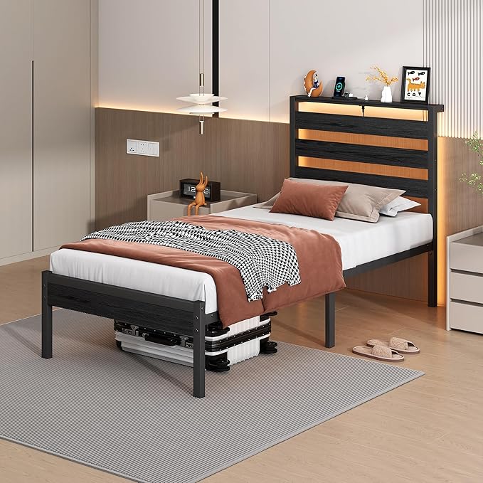 CLIBFENG Bed Frame Twin Size with USB Charging Station, LED Bed Frame with Wood Storage Headboard, Black Metal Platform Bed with Under Bed Storage, No Box Spring Needed, Noise Free