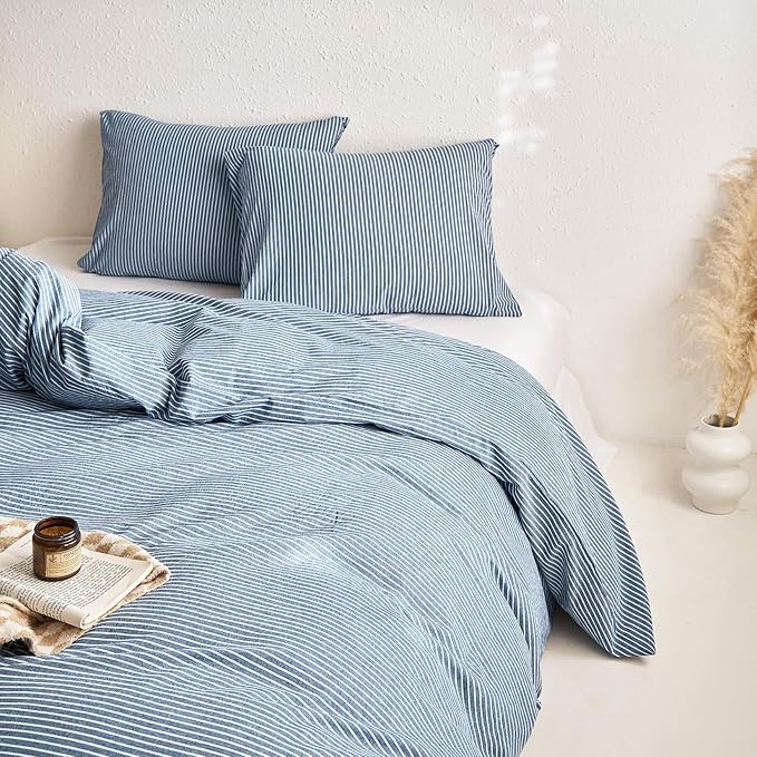 Wake In Cloud - Striped Cotton Duvet Cover Set, 100% Washed Cotton Textured Percale Bedding Set, Ticking Stripe Pinstripe Farmhouse, 3 Pieces, Denim Blue, Full Size