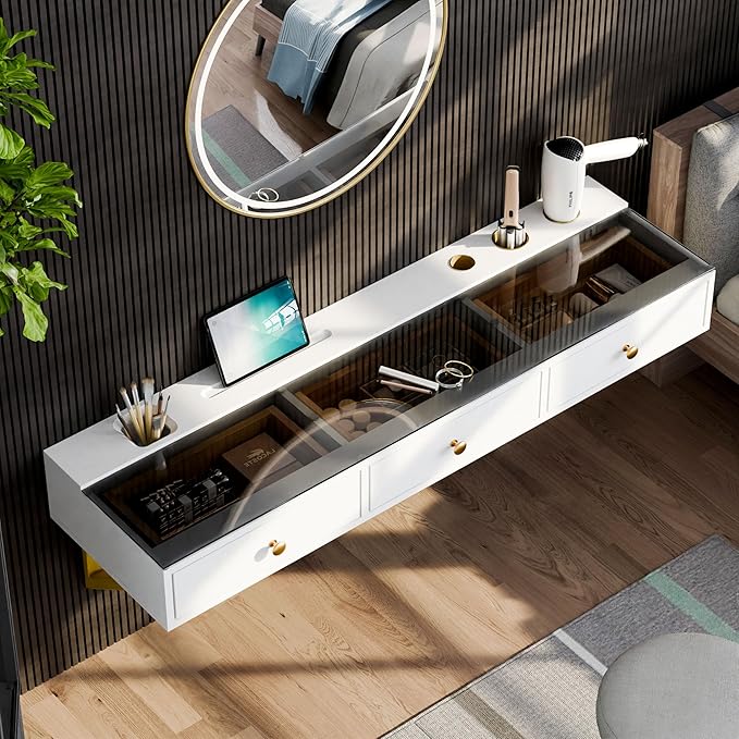 IEO 47" Floating Vanity Makeup Table,Wall Mounted Desk with 3 Drawers Storage,Hanging Floating Small Space Vanity Table for Bedroom, Dressing Room,Warm White