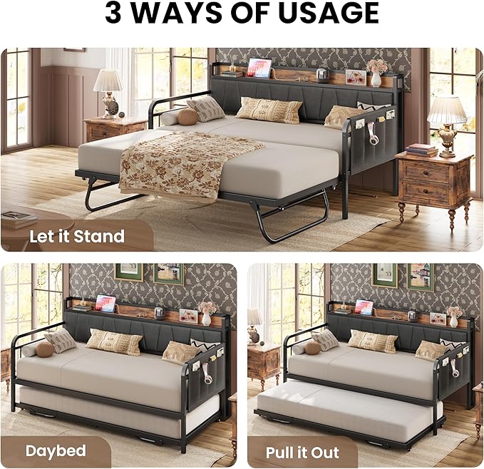 LIKIMIO Twin XL Daybed, Day Bed with Trundle, Storage Upholstered Headboard and Charging Station, Trundle Bed with Strong Supports for Living Room, Bedroom, and Guest Room, Grey