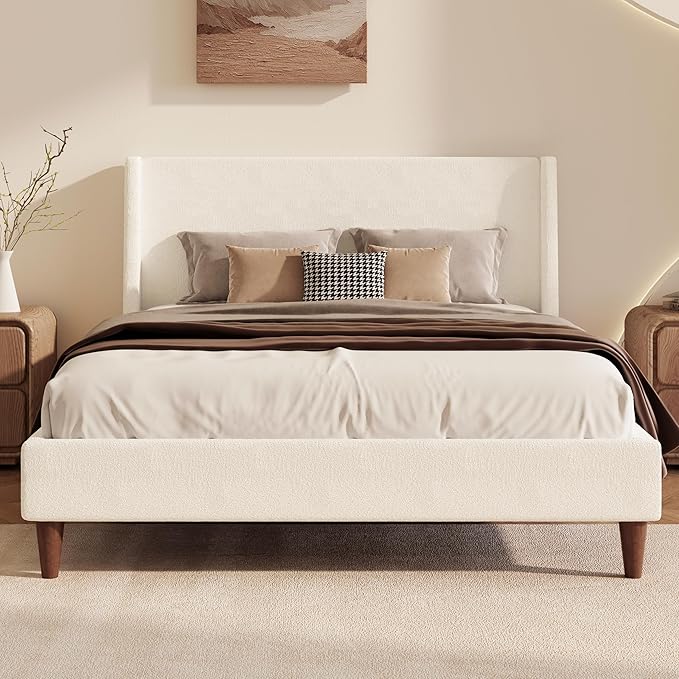 Merax Solid Wood King Size Boucle Bed Frame with Wingback Headboard, Modern Upholstered Platform with Walnut Wooden Legs, Strong Wooden Slats, No Box Spring Needed, Easy Assembly, Noise-Free, Ivory