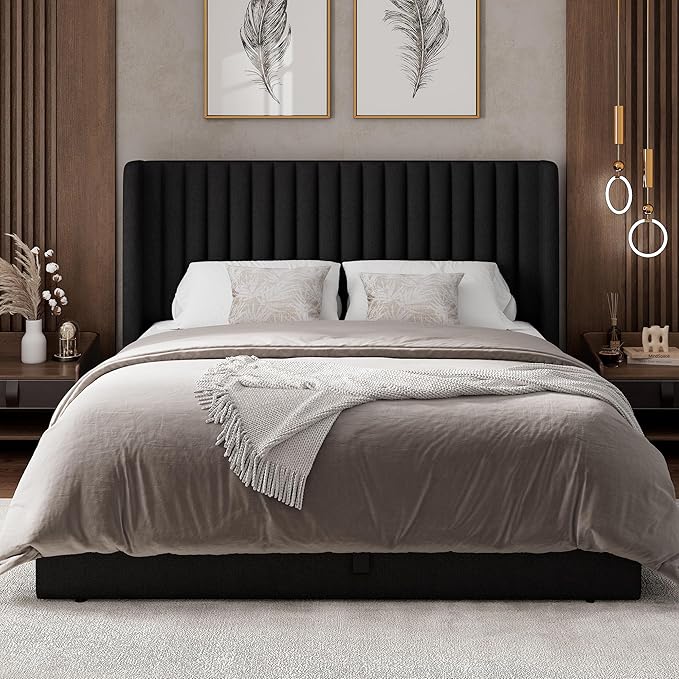 Feonase Full Size Lift Up Storage Bed Frame, Linen Upholstered Platform Bed with Wingback Headboard, Hydraulic Storage, No Box Spring Needed, Black