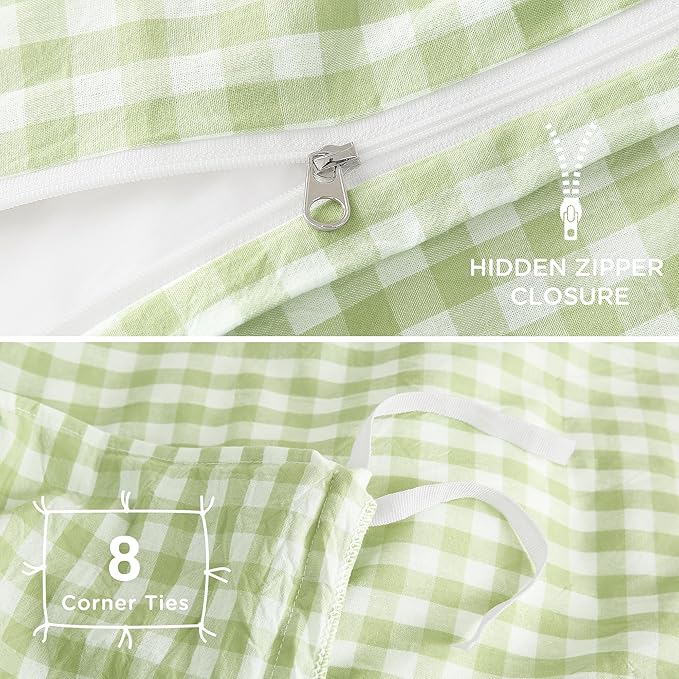 TOCOMOA Plie Green Gingham Duvet Cover Bedding Set 100% Washed Cotton Like Linen Feel Super Soft Comfy 3 Piece Vintage Plaid Checkered Comforter Cover Set (Queen 90"x90", Comforter Not Included)