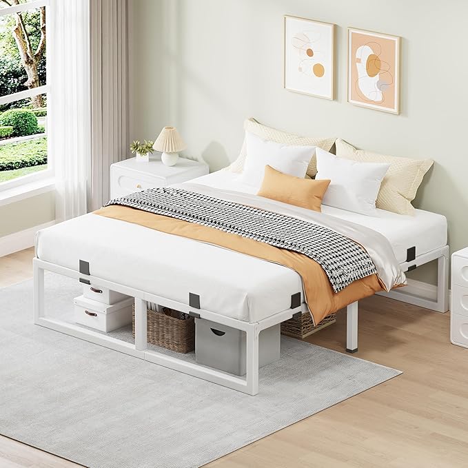 Full Size Bed Frame, 14 Inch Metal Platform Bed Frames with Squeak Free U-Slot Design, 6 Non-Slip Guards, 3500lbs Heavy Duty Steel Slat Support, No Box Spring Needed, Under Bed Storage, White
