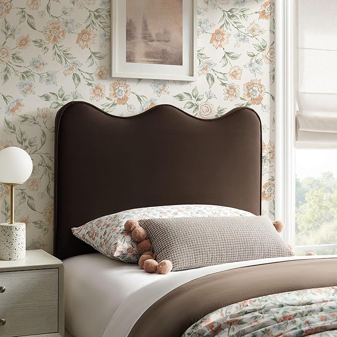 Monday Athena Twin Size Performance Velvet Adjustable Headboard in Chocolate Brown - with Scalloped Wave Design and Stain-Resistant Velvet Upholstery