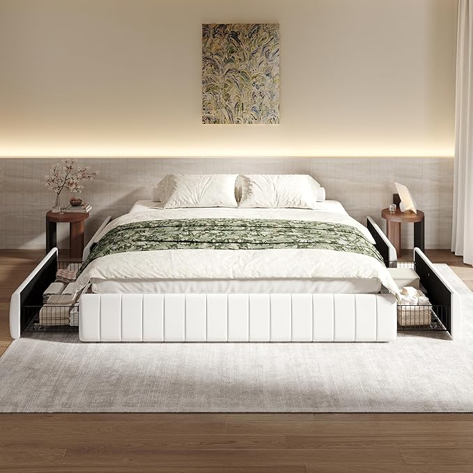 SHA CERLIN King Size Velvet Upholstered Platform Bed Frame with 4 Storage Drawers, Vertical Channel Tufted, Low Profile, Fits Standard Headboards, Wooden Slats Support, Easy Assembly, White