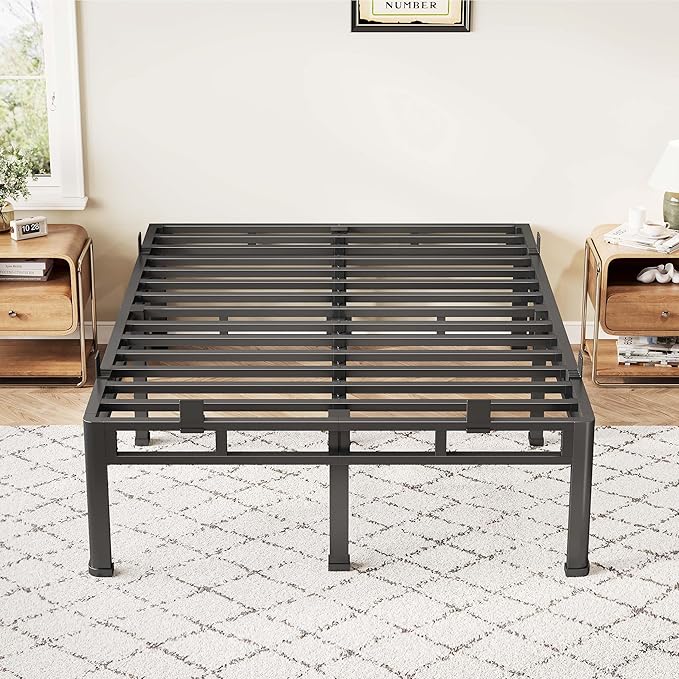 ROIL 14 Inch Cal King Bed Frame, Double Layer Metal Bed Frame with Round Corner Legs, 4000LBS Bed Frame & Box Spring 2 in 1 Platform with Headboard Holes Mattress Baffles, Noise-Free Easy Assembly