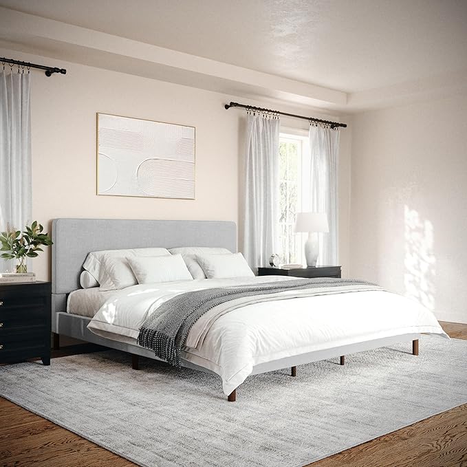 Martha Stewart Britta Platform Bed with Headboard & Footboard, Faux Linen Upholstery with Piping Detail, Rounded Headboard, No Box Spring Needed, King, Gray