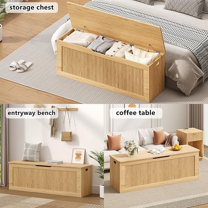Akxomel Extra Large Fluted Storage Chest, 51.2" Storage Bench with 2 Safety Hinges, Shoe Bench, Wooden Box Bench, Long Storage Trunk with Lift Top, for Bedroom, Living Room, Entryway, Natural Oak