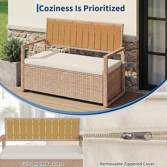 Outdoor Storage Bench with Cushion, Hand-Woven Yellow Wicker Deck Box with Backrest, Large Capacity Patio Storage Seat, Waterproof All-Weather Rattan Bench for Garden, Porch, Poolside