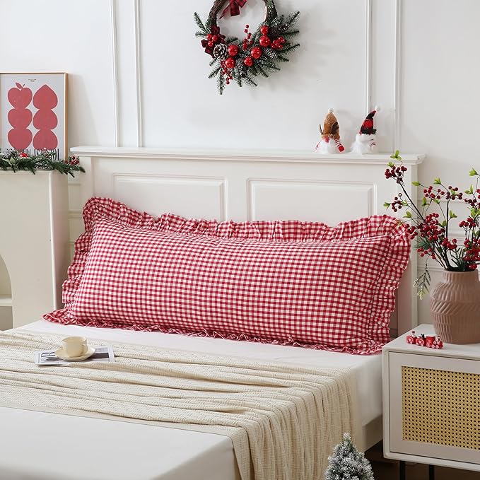 20x54 inches Red/White Gingham Body Pillow Sham 1 Piece, 100% Cotton Ruffled Vintage Pillowcase Farmhouse Body Pillow Cover for Bedding