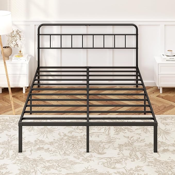 Kujielan 12 inches Queen Size Bed Frame with Minimalist headboard,Metal Platform Base with Strong Metal Slats,Mattress Foundation for Under Bed Storage,Easy Assembly,Black