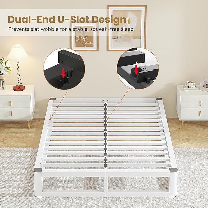 10 Inch King Size Bed Frame with Rounded Corner and Squeak Free U-Slot Design, Metal Platform Bed Frames 6 Non-Slip Guards, 3500lbs Heavy Duty Steel Slat Support, No Box Spring Needed, White