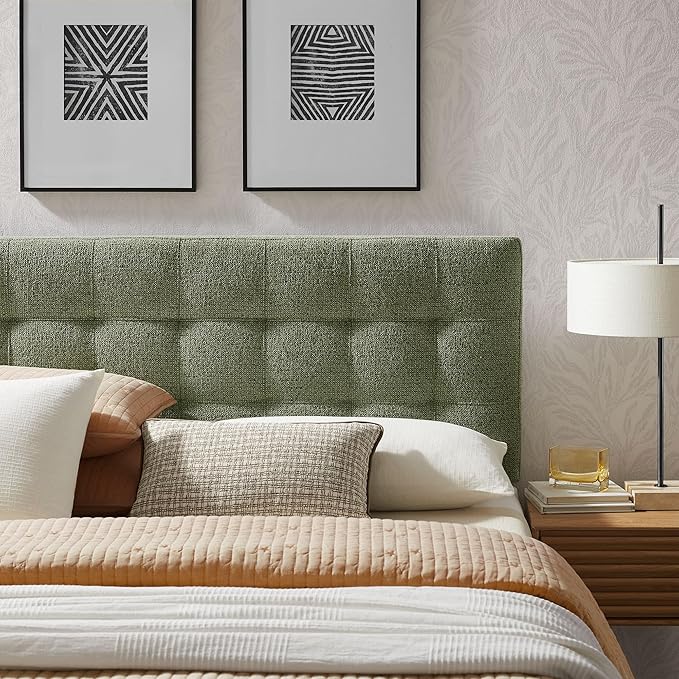 Modway Lily Full Size Headboard with Biscuit Tufting in Leaf - Fabric Upholstery with Padded Design and 5 Height-Adjustable Mounts