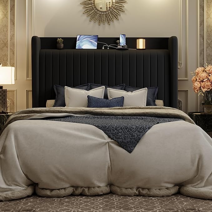 SHA CERLIN Queen Size Velvet Bed Frame with USB Charging Station, Wingback Storage Headboard, Upholstered Platform Bed with Wooden Slats Support, No Box Spring Needed, Easy Assembly, Black