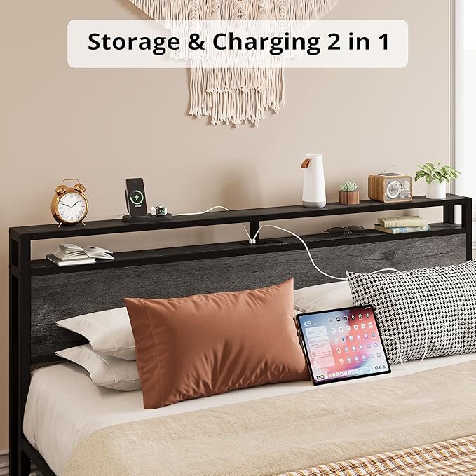 LIKIMIO King Bed Frame with Storage Headboard, Platform Bed with Drawers and Charging Station, No Box Spring Needed, Easy Assembly, Charcoal Grey