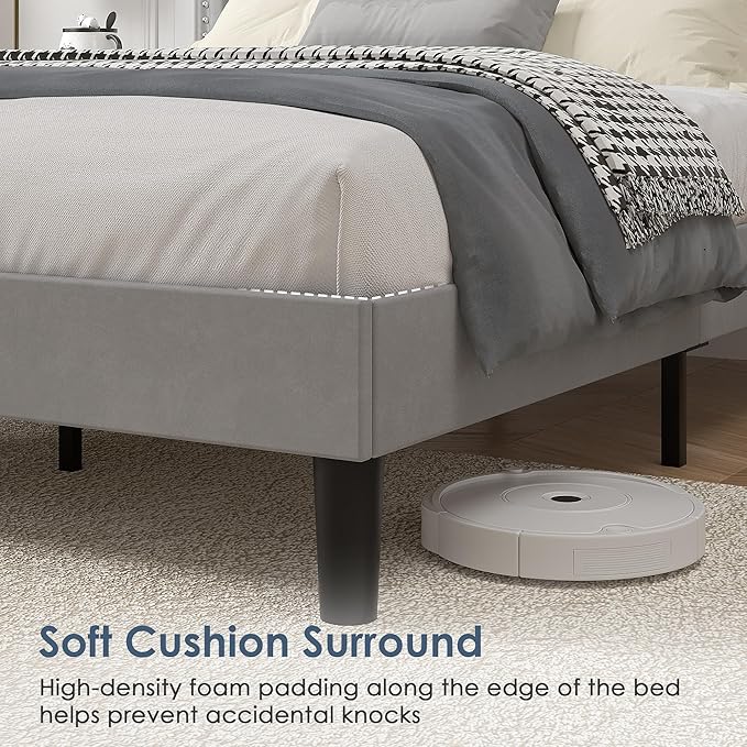 VECELO Full Size Platform Bed Frame with Height Adjustable Upholstered Headboard, Modern Mattress Foundation,Strong Wood Slat Support, No Box Spring Needed, Easy Assembly,Light Grey