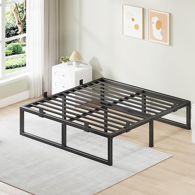 King Size Bed Frame, 14 Inch Metal Platform Bed Frames with Squeak Free U-Slot Design, 6 Non-Slip Guards, 3500lbs Heavy Duty Steel Slat Support, No Box Spring Needed, Under Bed Storage, Black