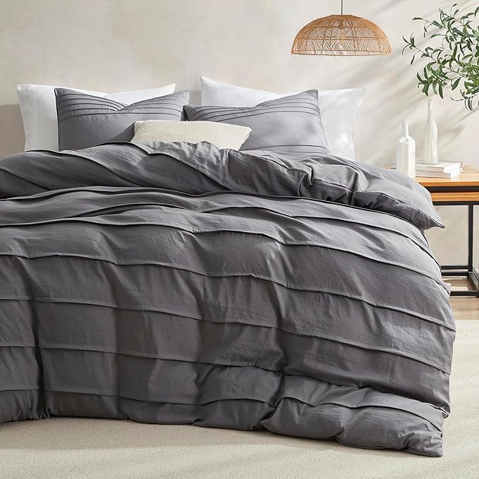 Oli Anderson Grey Duvet Cover Queen Size - Pleated Queen Duvet Cover, 3PCS Soft and Breathable Textured Bedding Set with Zipper Closure(Grey,90"x90")